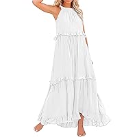Women Summer Boho Long Solid Color Loose Sleeveless Neck Ruffle Maxi Beach Dress Summer Knee Length Dresses for