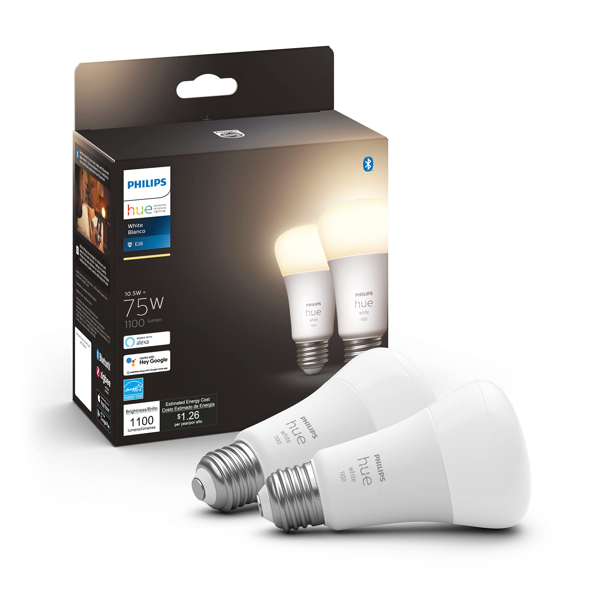 Philips Hue 2-Pack White A19 Medium Lumen Smart Bulb, 1100 Lumens, Bluetooth & Zigbee Compatible (Hue Hub Optional), Works with Alexa & Google Assistant, White (Dimmable Only),75 watts
