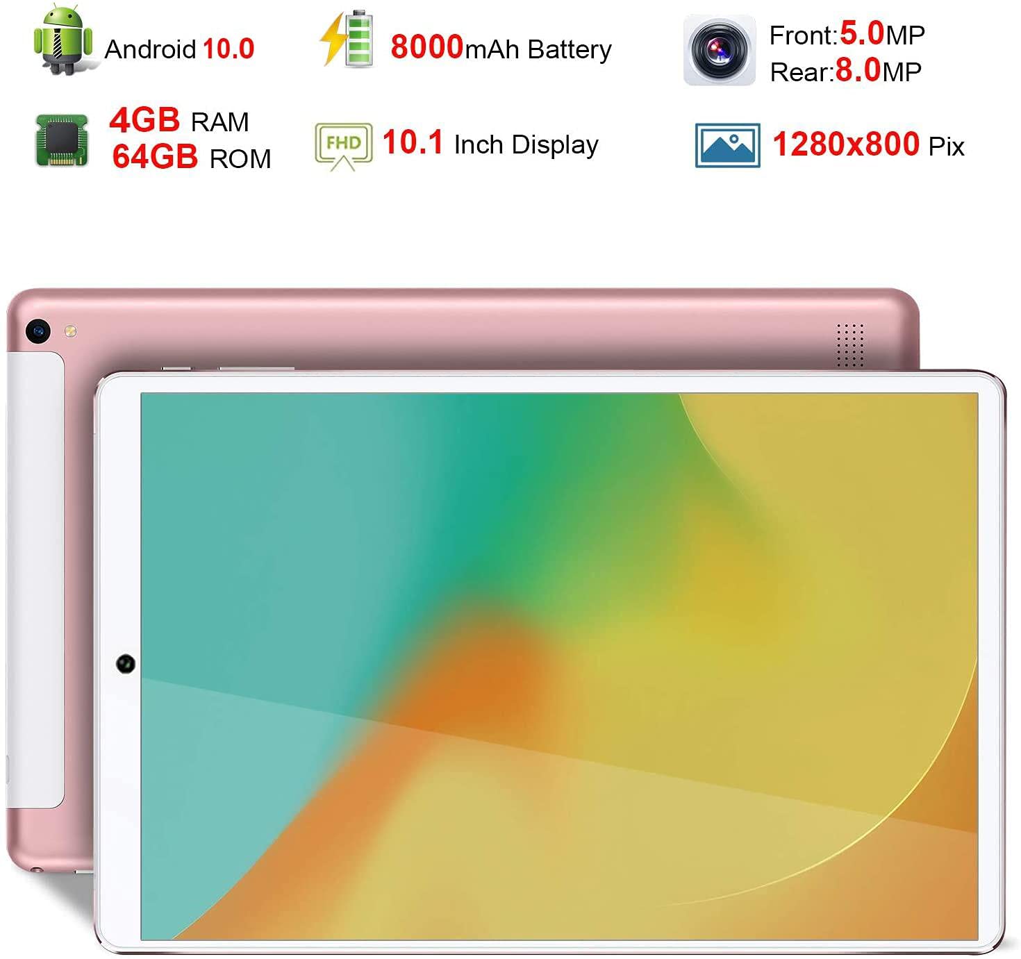 DUODUOGO Tablet 10.1'', Android 10.0 Pie Tablets with Wireless Keyboard Case and Mouse, 4GB RAM 64GB ROM, Quad Core, Google GMS Certified,IPS HD Display,8MP Dual Camera,Dual SIM, 8000mAh, WiFi-Pink