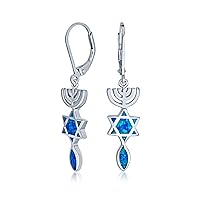 Created Blue Opal Religious Judaica Menorah & Hanukkah Star Of David Leverback Dangle Earrings For Women Teens Bat Mitzvah .925 Sterling Silver