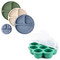 KeaBabies 3-Pack Suction Plates for Baby, Toddler & Silicone Baby Food Freezer Tray with Clip-on Lid - 100% Silicone Toddler Plates - 2oz x 10 Pods Baby Food Silicone Freezer Molds- Divided Baby Plate
