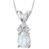 PEORA 14K White Gold Created White Opal with Genuine Diamonds Pendant for Women, Dainty Teardrop Solitaire, Pear Shape, 7x5mm