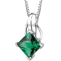 PEORA Simulated Emerald Signature Solitaire Pendant Necklace for Women 925 Sterling Silver, 2 Carats Princess Cut 9mm, with 18 inch Chain