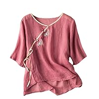 Ethnic Style Slanted Lapel Embroidery Cotton and Linen Blouse for Women Summer Chinese Style Retro Buckle Top Women