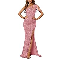 One Shoulder Tassel Prom Dresses Sequin Mermaid Maxi Dress Sparkly Bodycon Formal Evening Party Gowns with Slit