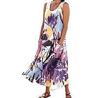 Linen Dress for Women Summer Printed Sleeveless Long Dress Flowy Tank Dress Casual Maxi Dresses with Pockets