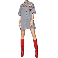 Woman Embroidery Floral Check Plaid Shirt Dress