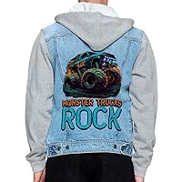 Monster Trucks Rock Men's Denim Jacket - Themed Jacket With Fleece Hoodie - Colorful Jacket for Men