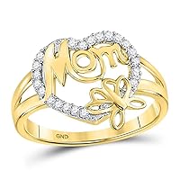 The Diamond Deal 10kt Yellow Gold Womens Round Diamond Mom Mother Heart Butterfly Ring 1/6 Cttw