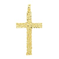 14K Gold Heavy Plated Nugget Textured Cross Pendant - Choose Chain Style Set- Rope, Curb or Figaro