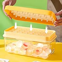 Ice Cube Tray with Lid and Container 32PCS Nugget Ice Tray for Freezer Easy-Releas Ice Cube Maker Mold&Bucket Ice Chilling Whiskey Coffee (1 Tray 1 Storage 1 Scoop 1 Pressing Plate) Yellow