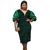 AOMEI Womens Sequin Dress Plus Size V Neck Party Cocktail Sparkle Glitter Evening Stretchy Knee Length Bodycon Dresses