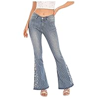 Women's Vintage Striped Ripped Bell Bottom Jeans Floral Embroidered Mid Waist Stretchy Flared Denim Pants