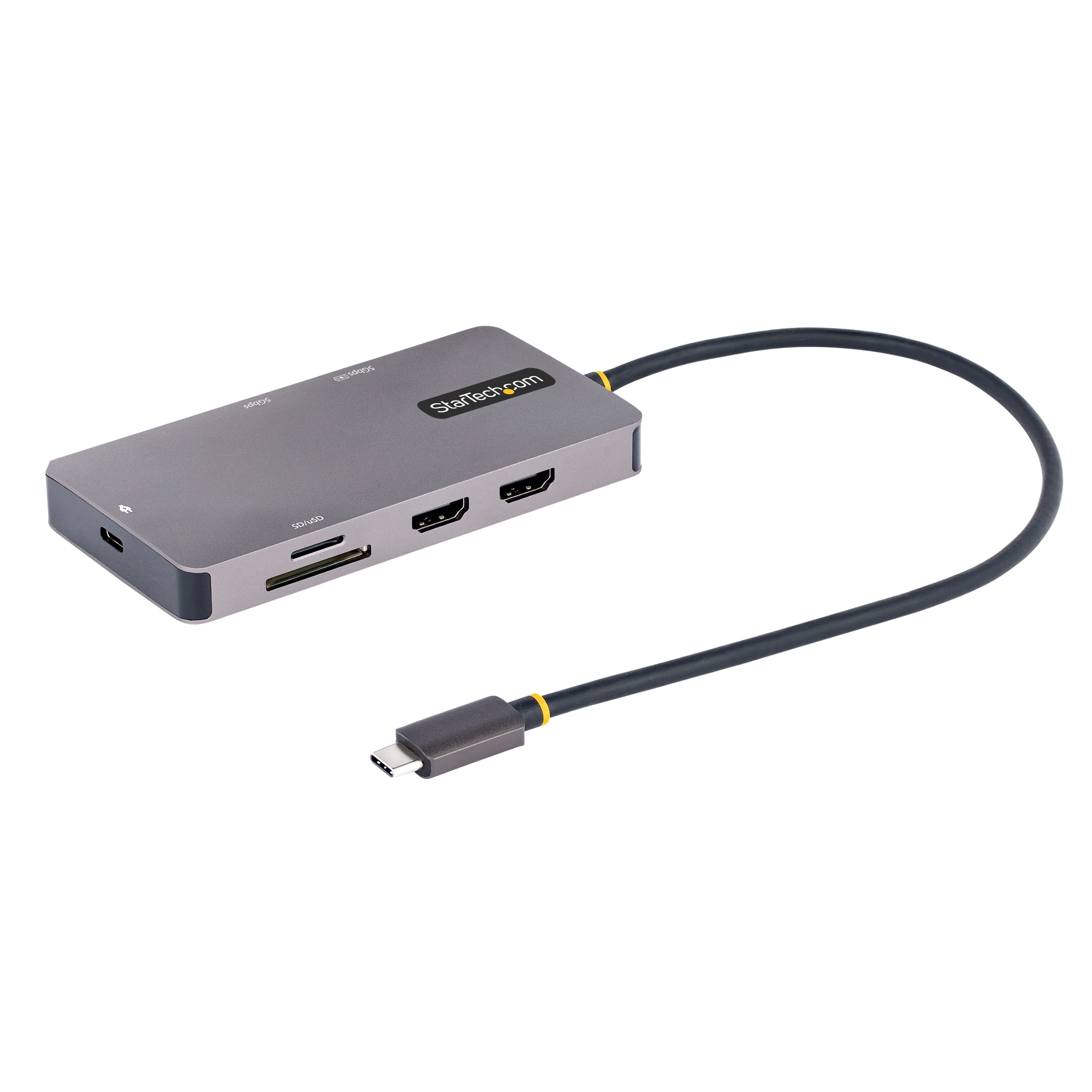 StarTech.com USB C Multiport Adapter, Dual HDMI Video, 4K 60Hz, 2Pt 5Gbps USB-A Hub, 100W PD Passthrough/GbE/SD, 12
