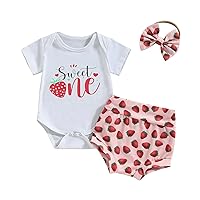 Baby Girl First Birthday Outfit Sweet One Short Sleeve Romper Strawberry Shorts Set Headband Cake Smash Clothes