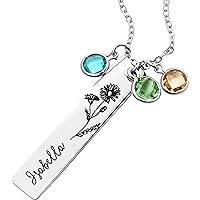 MignonandMignon Silver Custom Birthstone Necklace Birth Flower Name Personalized Gift for Her Bar Name Necklace for Mom Mothers Day Gift Floral Jewelry Handmade Jewelry -8N-FLBS-S