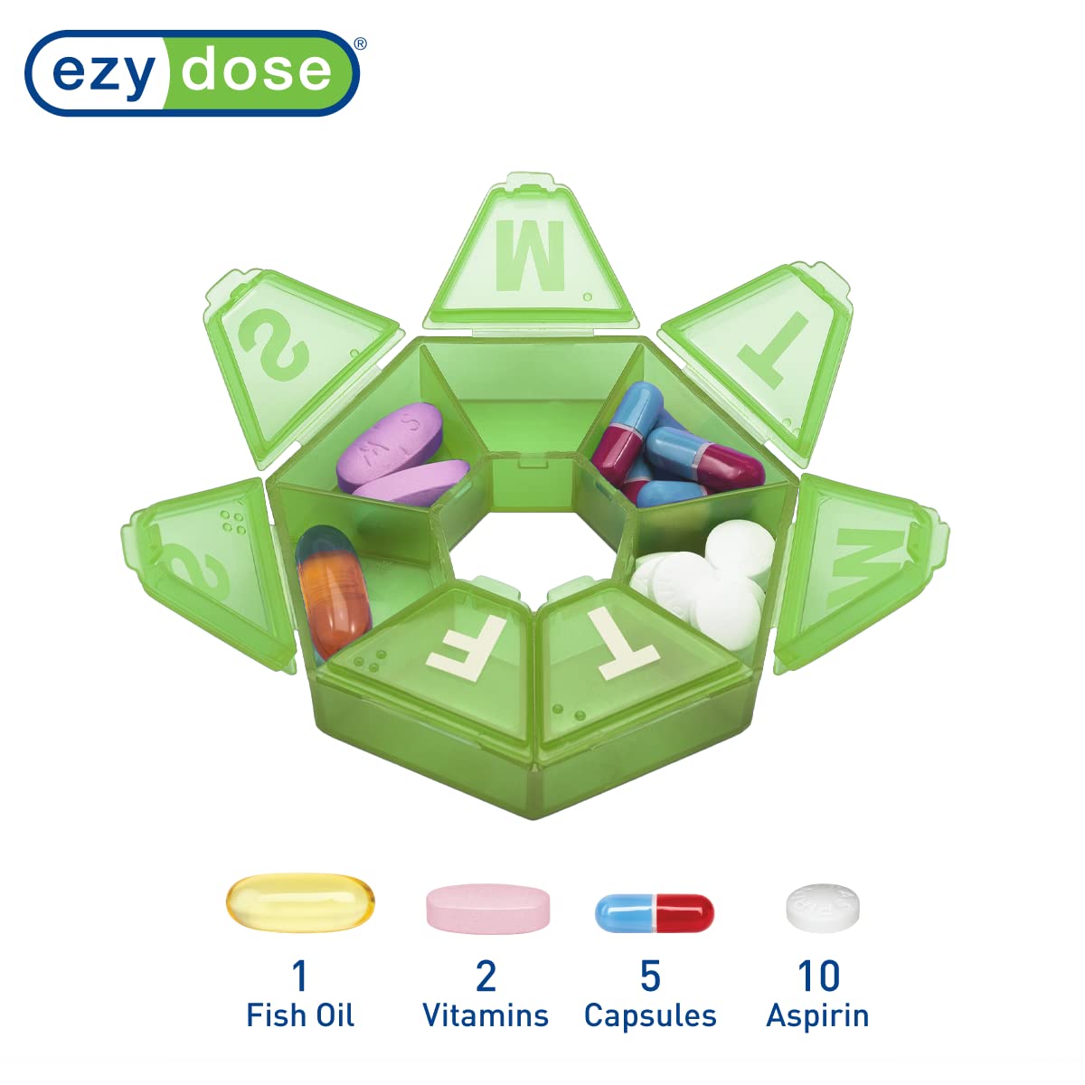 EZY DOSE Weekly Pill Organizer and Planner, Travel Pill Planner, 7-Sided, Green (67009GAMT)