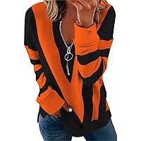Women's V-Neck Zipper Printed Sweater Fashion Geometric Print Zipper Tops Long Sleeve Casual Henley Tops Blouse