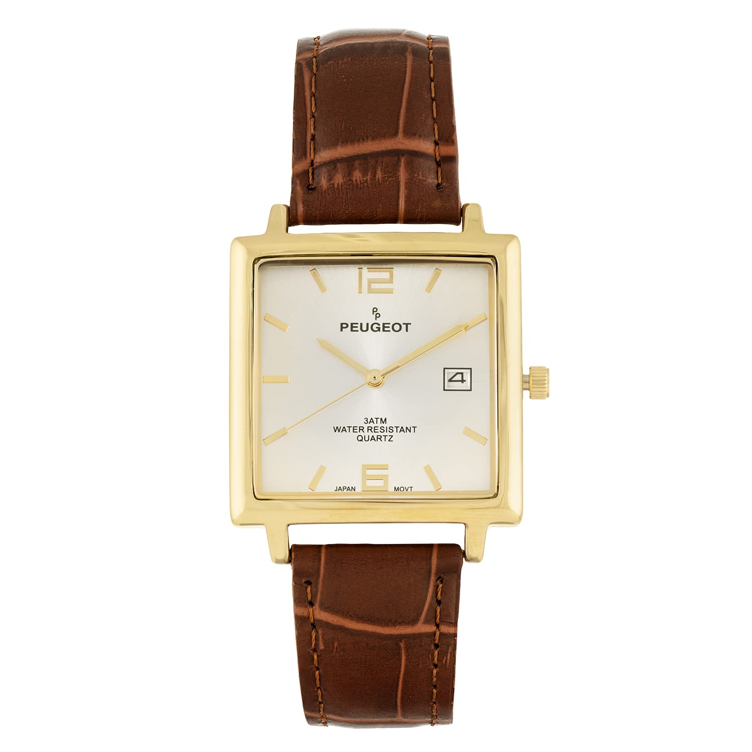 Peugeot Men’s Modern Square Casual Quartz Wrist Watch with Gold Plated Case and Genuine Leather Strap
