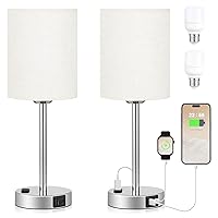 Touch Lamps for Bedrooms Set of 2 Modern - White 3 Way Dimmable Bedside Lamp with USB C and A Ports and Outlets, Nightstand Lamp with Silver Base, Small Table Lamps for Nursery Kids Girl and Boy