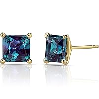 Peora Solid 14K Yellow Gold Created Alexandrite Stud Earrings for Women, Color Change Classic Solitaire, 2.50 Carats total Princess Cut, Hypoallergenic, Friction Back