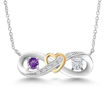 925 Silver and 10K Yellow Gold Heart Infinity Pendant Lab Grown Diamond Necklace Set with Round Purple Amethyst and Forever Classic Created Moissanite from Charles & Colvard (0.54 Cttw)