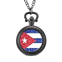 Paisley and Cuban Flag Classic Quartz Pocket Watch with Chain Arabic Numerals Scale Watch