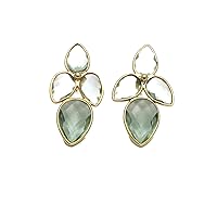 Leaf Design Prehnite Stud Earring | Gold Plated Four Gemstone Stud | Bezel Sett Push Back Stud Earring For Women Jewelry | 1219)1F