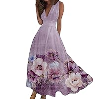 Flowy Swing Sundress Women 2024 Spring Summer Elegant Wrap V Neck Sleeveless Maxi Dress Trendy Floral Print Dresses