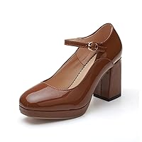 Women Closed Toe Mary Janes Vintage Strap Buckle Patent Leather Platform Dress Shoes Block High Heel Pumps