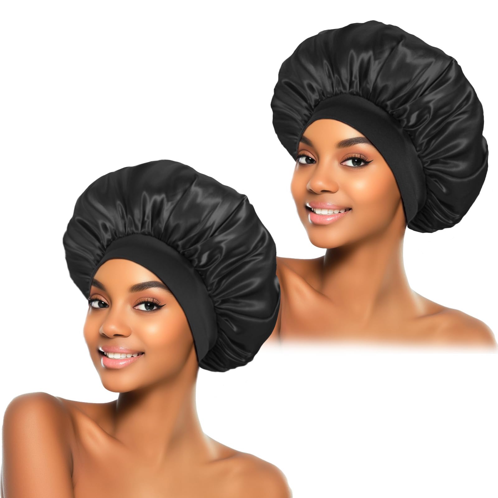 2Pcs Silk Bonnet for Sleeping, Satin Hair Bonnets, Soft Elastic Band Silk Sleep Cap, Silk Hair Wrap for Curly Hair Shower Cap (Black)