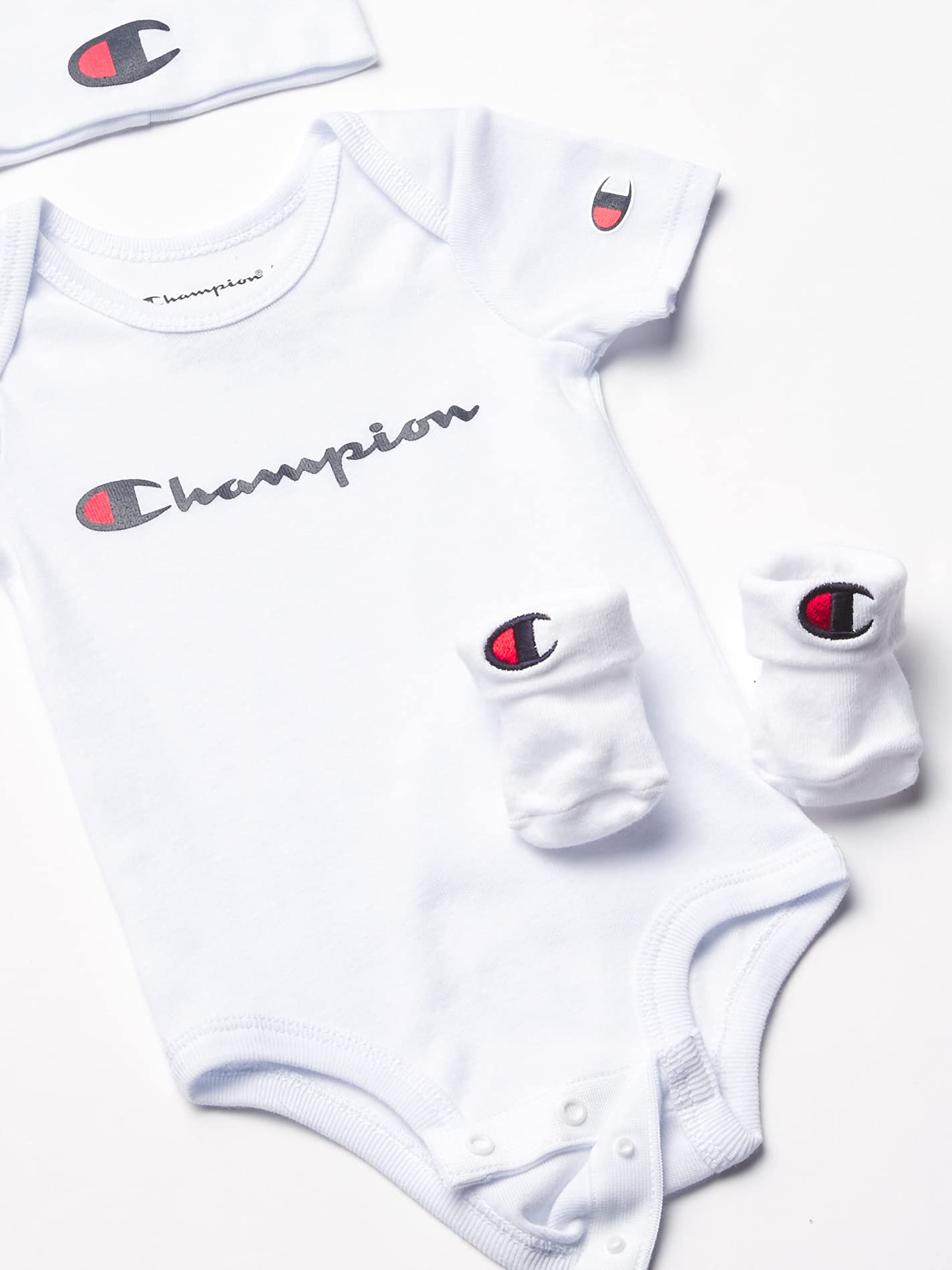 Champion unisex-baby 3-pc Box Set Includes an Infant Body Suit, a Bib Or Hat & Pair of Booties in Multiple Colors Size 0-6m