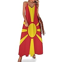 Macedonia Flag Spaghetti Straps Long Dresses for Women Sleeveless Slip Dress Casual Sundress Tankdress