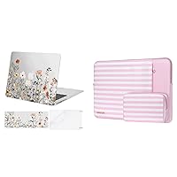 MOSISO Compatible with MacBook Air 13 inch A1369 A1466 Older Version 2010-2017, Plastic Garden Flowers Hard Case&Horizontal Stripe PU Leather Sleeve&Keyboard Cover&Screen Protector, Transparent&Pink