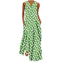 Prime Early Access Deals Today Sundresses for Women 2024 Floral Print Sleeveless Maxi Dress with Pockets Tank Summer Dress Notch Neck Beach Dresses
