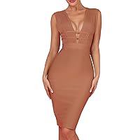 UONBOX Women's Sleeveless Deep Plunge V Neck Night Club Party Bandage Dress with Waist Straps