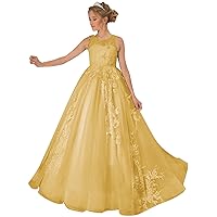 Girls Flower Girl Dress Long Tulle Pageant Dresses for Teens Lace Applique Princess Birthday Party Gown Gold Size 2