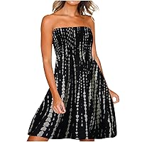 Womens Summer Retro Floral Bandeau Beach Dresses Strapless Smocked High Waist Casual Flowy A-Line Dress for Vacation