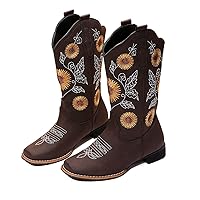 Cowboy Boots for Women Mid Calf Cowgirl Western Boots Sunflower Embroidery Stitched Square Toe Low Heel Black Brown Yellow US6-10.5