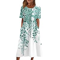Empire Waist Dress Womens Short Sleeve Club Bohemian Summer Crew-Neck Ruched Loose Cool Patterned Cotton.