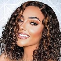 1B 30 Colored Highlight Wigs 150% Density Short Water Wave 13X4 HD Invisible Lace Front Wig for Women Brazilian Human Hair Pre Plucked Highlight Short Curly Wig with Clean Hairline Bleached Knots
