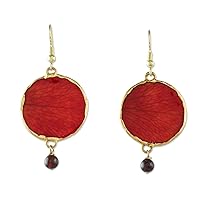 NOVICA Handmade Garnet Goldaccented Natural Rose Petal Dangle Earrings Plated Resin Brass Red Statement Thailand Leaf Tree Birthstone [2.2 in L x 1 in W] 'Red Rose of Autumn'