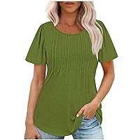 Women's Summer Casual Tops Summer Short Sleeve T-Shirts Round Neck Pleated Flowy Trendy Tunic Tops for Leggings