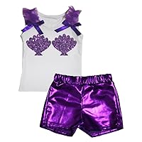 Petitebella Mermaid Shells White Cotton Shirt Purple Bling Short Set 1-8y
