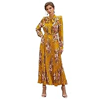 Women's Dress Tie Neck Allover Floral -line Dress Dress for Women (Color : Mustard Yellow, Size : Small)