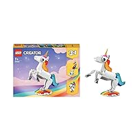 Lego Creator 3 in 1 Magical Unicorn Toy, Transforms from Unicorn to Seahorse to Peacock, Rainbow Animal Figures, Unicorn Gift for Grandchildren, Girls and Boys, Buildable Toys, 31140