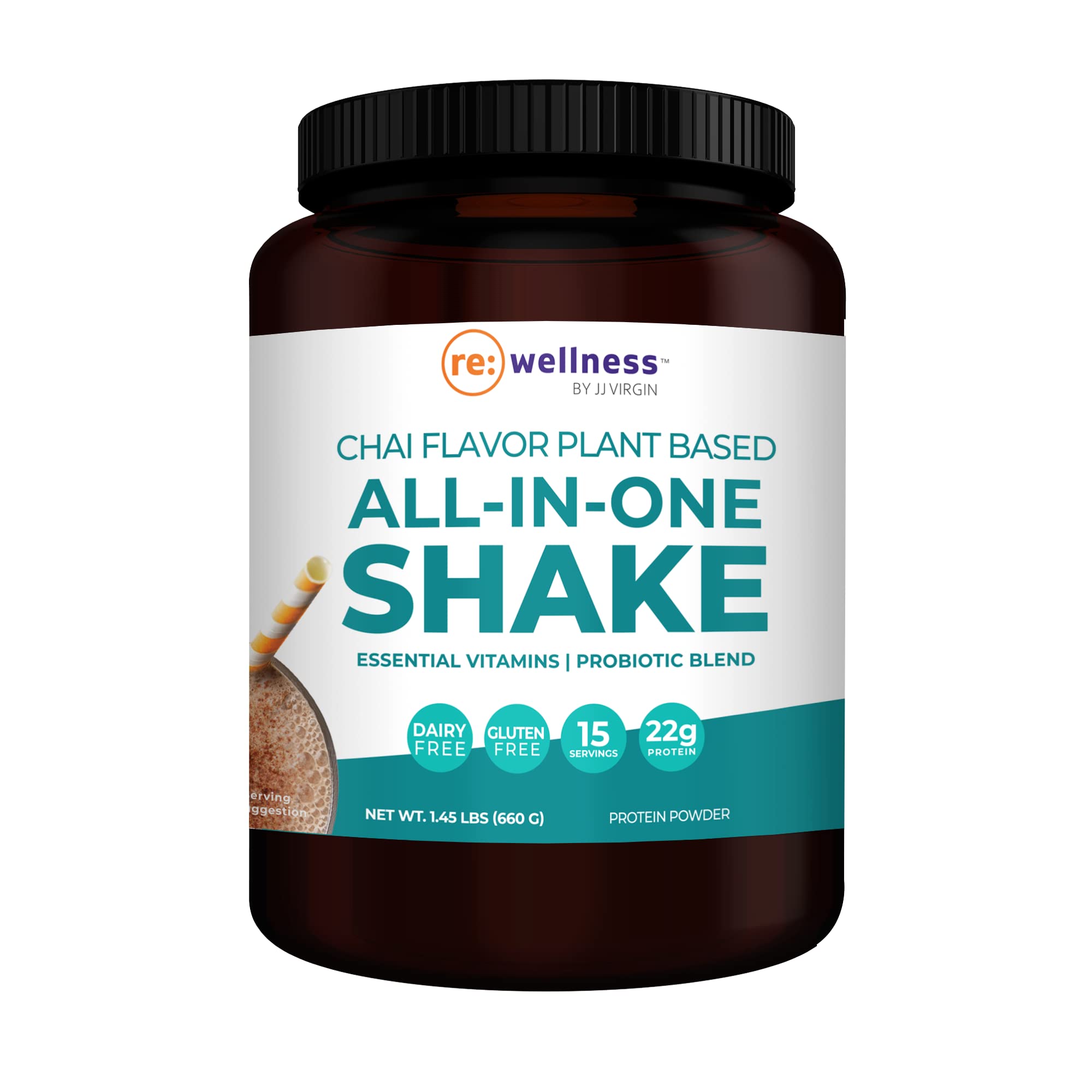 Reignite Wellness by JJ Virgin Chai Plant Based All in 1 Shake - Chia, Chlorella, + Pea Protein Powder - Contains Essential Vitamins & Probiotic Blend to Support Immunity + Gut Health (15 Servings)