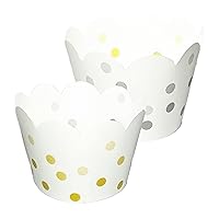 Wedding White Cupcake Wrappers - Gold & Silver Ombré Dots, Graduation Party Supplies, Bridal & Baby Shower, She Said Yes, NYE Bubbly Pop the Champagne, 25th & 50th Birthday Anniversary - 24 Count