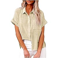 Womens Cotton Linen Shirts Short Sleeve Button Down Collared Blouse V Neck Casual Tops Summer Loose Fit Beach Shirts