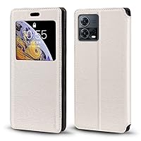 for Motorola Edge 30 Fusion Case, Wood Grain Leather Case with Card Holder and Window, Magnetic Flip Cover for Motorola Edge 30 Fusion (6.55”) White